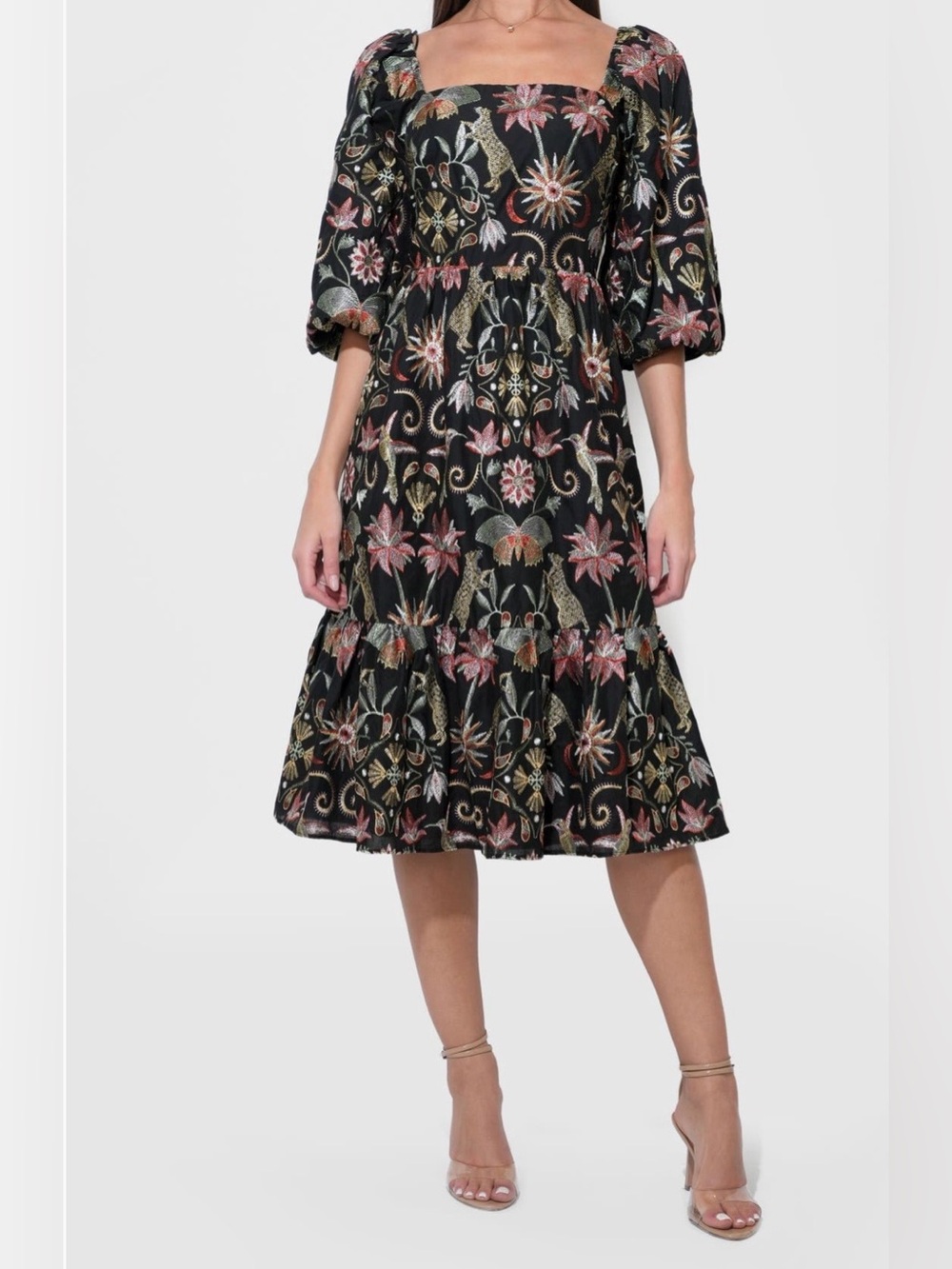 Adelyn Rae Black Floral-Embroidered Midi Dress tags attached